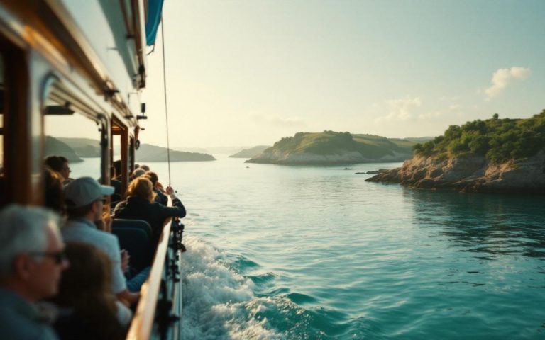 Bateau de promenade quittant Vannes dans le golfe du Morbihan, traversant une eau calme turquoise vers des îles verdoyantes sous une lumière douce de Bretagne.