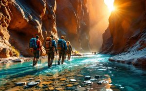 Groupe de randonneurs accompagnés d'un guide marchant dans une gorge étroite aux eaux turquoise, parois rocheuses texturées, courant peu profond reflétant la lumière, lumière dorée volumétrique de coucher de soleil, ambiance naturelle et réaliste.