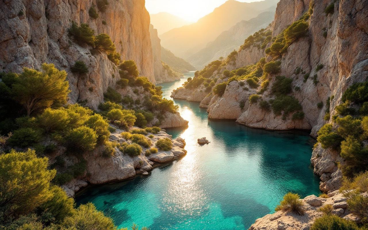 Vue aérienne de piscines naturelles turquoise enchâssées dans un canyon de granite en Corse, falaises rugueuses et végétation méditerranéenne, eau cristalline et lumière chaude de coucher de soleil avec volumes lumineux et ombres douces.