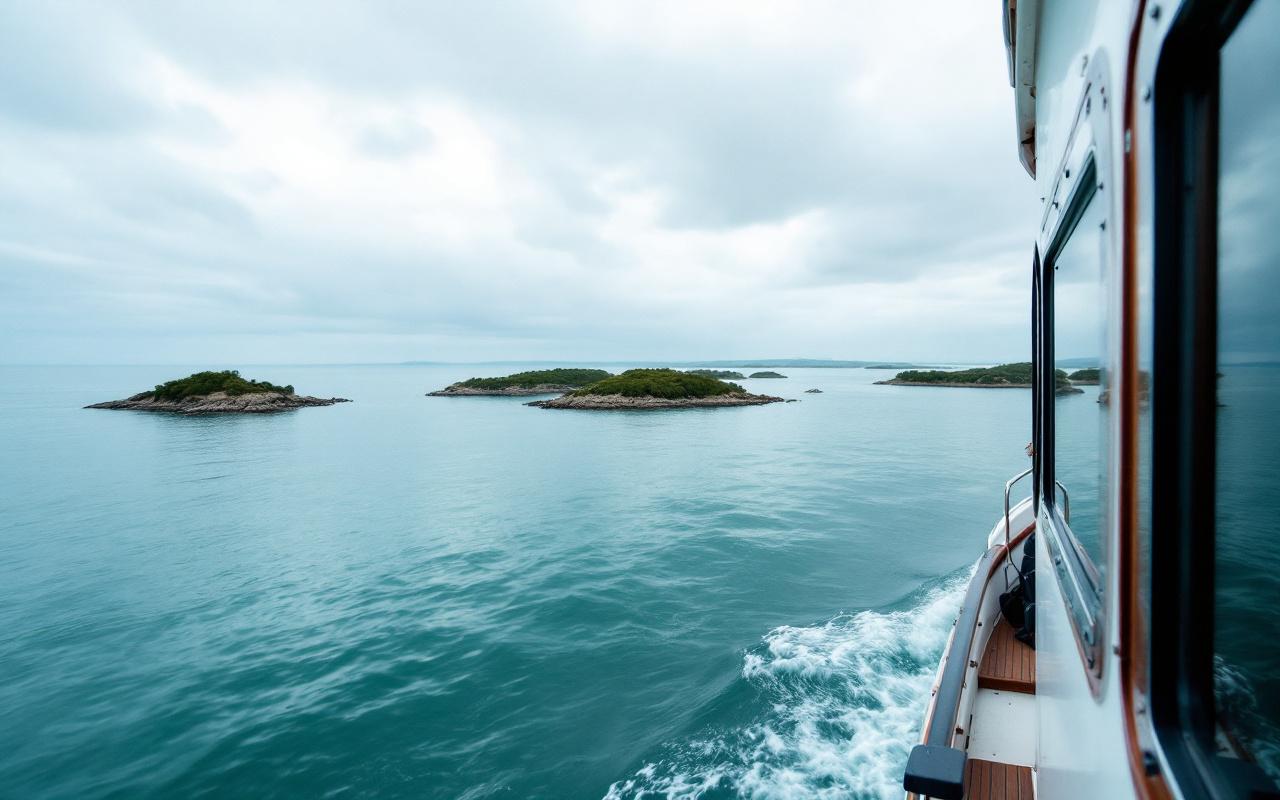 Vue depuis le pont d’une sortie commentée sur l’Île-aux-Moines, l’Île d’Arz et de petits îlots du Golfe du Morbihan, avec une eau calme et un horizon légèrement brumeux.