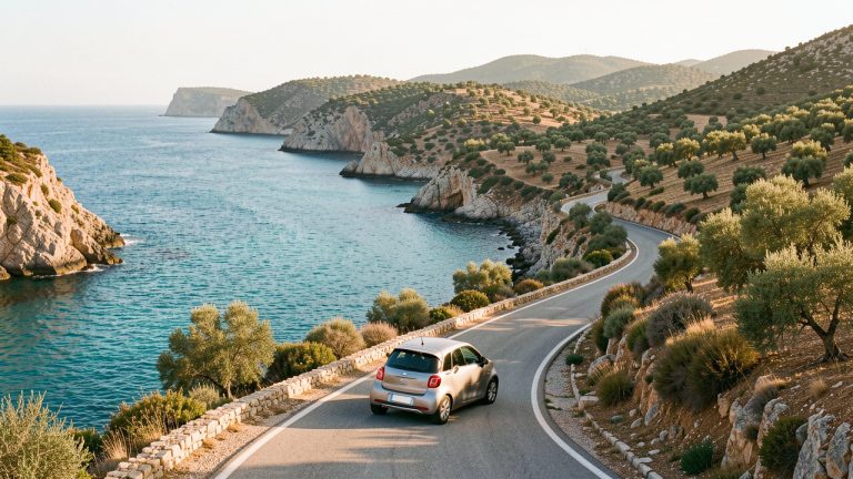 Une voiture discrète parcourt une route côtière sinueuse en Sardaigne, bordée par la mer turquoise, les collines méditerranéennes et une lumière dorée.