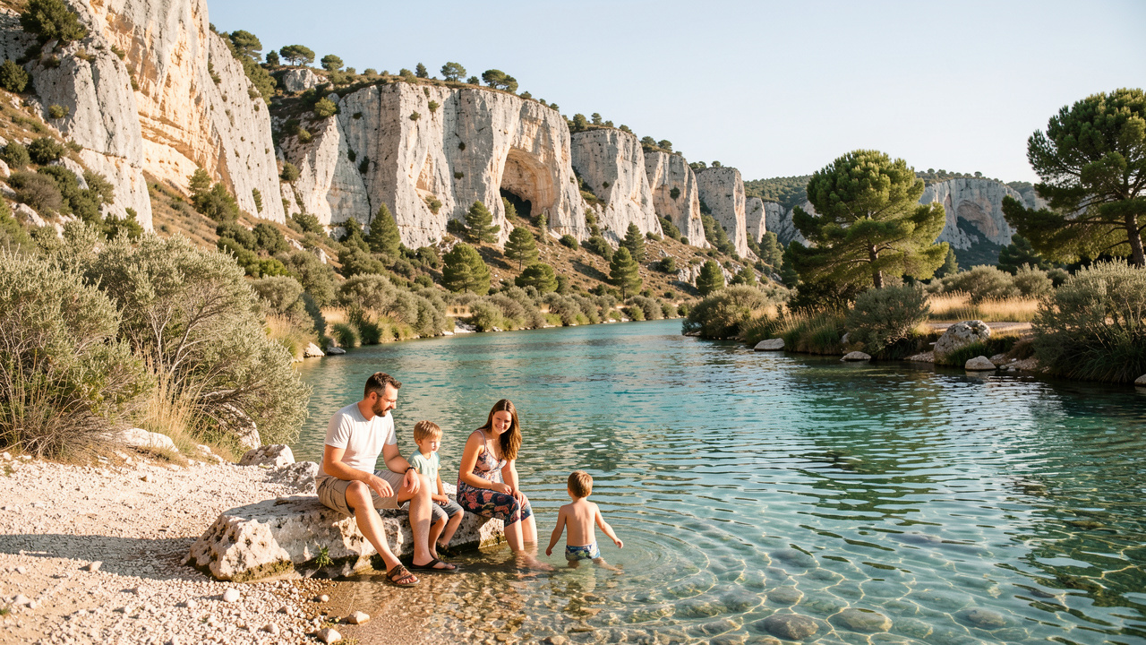 Une famille composée d’un homme, d’une femme et de deux enfants profite d’une rivière ardéchoise bordée de falaises calcaires et de végétation méditerranéenne sous une douce lumière estivale.