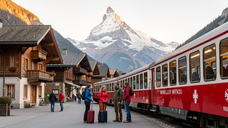 Vue matinale du mont Cervin derrière les chalets de Winkelmatten à Zermatt, avec trois voyageurs et leurs bagages près d’un train suisse.