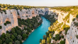 Vue panoramique des gorges de l’Ardèche avec une rivière turquoise, des falaises calcaires imposantes et une végétation méditerranéenne.