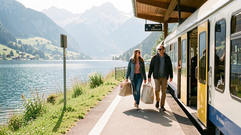 Deux femmes et un homme arrivent en train dans une petite gare suisse au bord d’un lac, avec de légers sacs de voyage, sous une douce lumière printanière et devant des montagnes en arrière-plan.