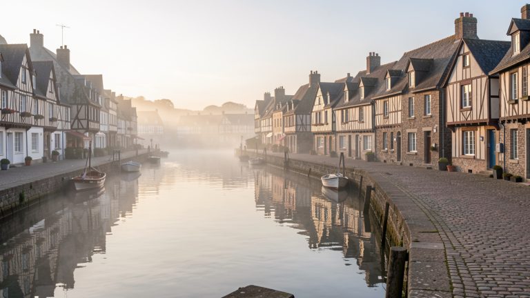 Vue immersive du centre historique de Lannion au lever du jour, avec des maisons à pans de bois, le quai du Léguer et une douce lumière bretonne.