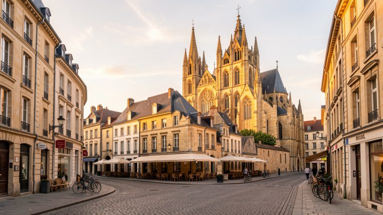 Vue éditoriale de Metz au lever du soleil, avec la cathédrale Saint-Étienne en pierre dorée de Jaumont dominant les rues du centre historique dans une atmosphère urbaine paisible de week-end.