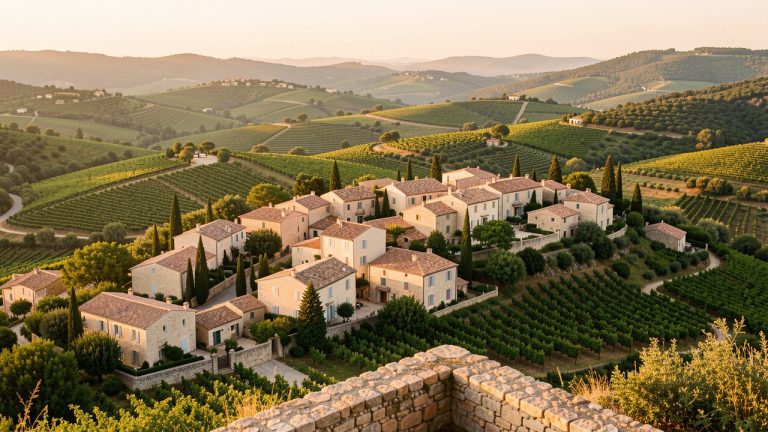 Vue panoramique du village perché de Ramatuelle entouré de vignobles provençaux et de collines verdoyantes baignées par la lumière dorée de fin de journée.