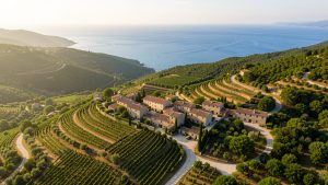 Vue panoramique de Ramatuelle avec son village provençal, ses vignobles, ses collines verdoyantes et la mer Méditerranée.