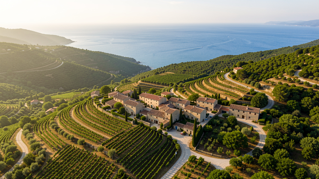 Vue panoramique de Ramatuelle avec son village provençal, ses vignobles, ses collines verdoyantes et la mer Méditerranée.