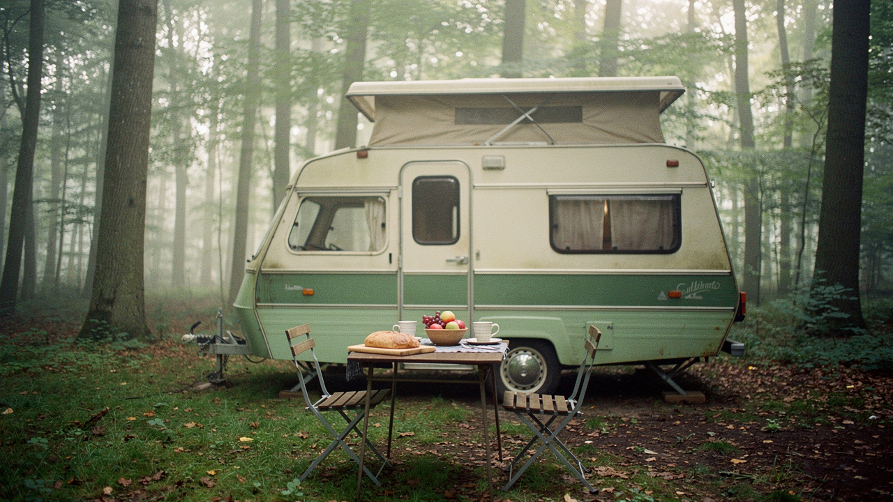 Vue latérale d’une caravane compacte au toit relevable installée sur un emplacement arboré, avec une table de petit-déjeuner pour deux dans une ambiance d’escapade culturelle sobre.