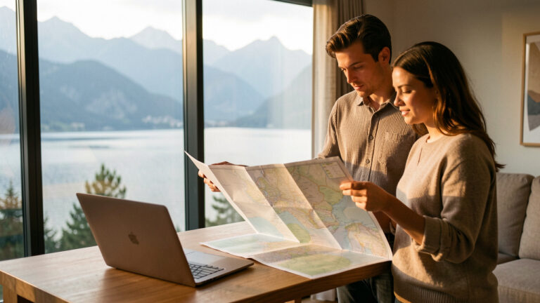 Un homme et une femme consultent une carte vierge et un ordinateur portable près d’une grande fenêtre, avec un lac et des montagnes en arrière-plan.