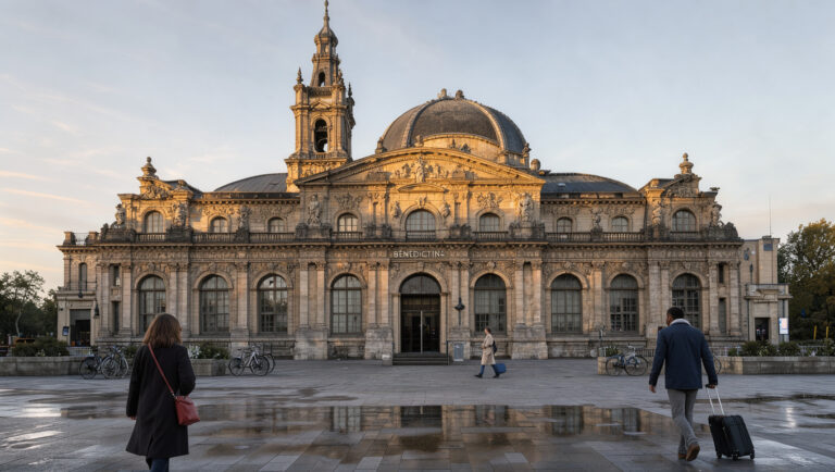 Vue immersive de la gare des Bénédictins à Limoges au petit matin, avec son dôme et son campanile éclairés par une lumière douce, ainsi que quelques voyageurs discrets.