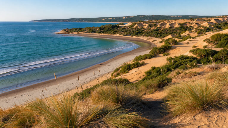 Vue panoramique de la plage de l’Ostriconi en Corse, avec une rivière claire, des dunes dorées, le maquis méditerranéen et la mer turquoise.